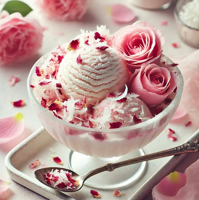 Dessert with rose petals